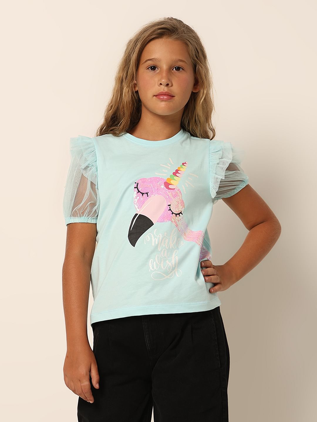 Girls Blue Sequin Graphic T-Shirt