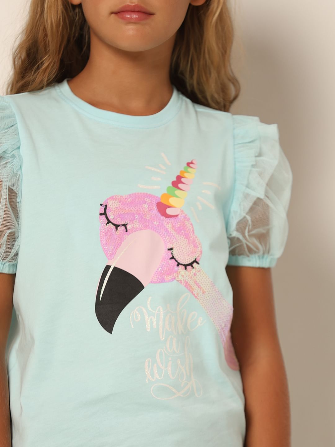 Girls Blue Sequin Graphic T-Shirt