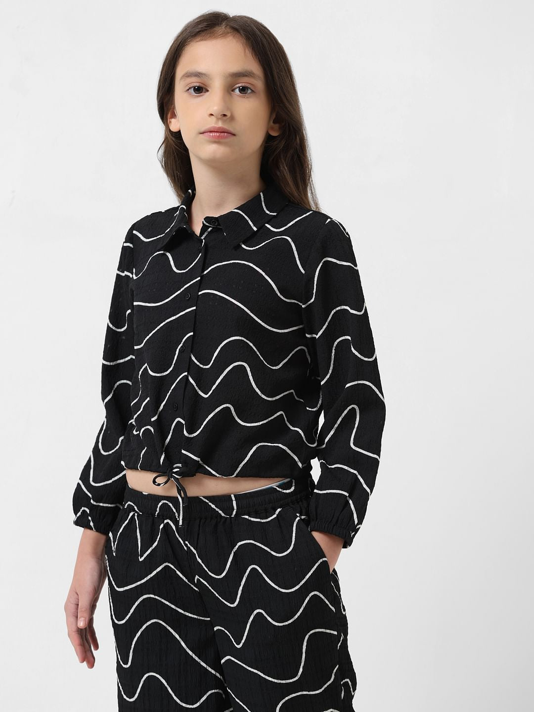 Girl Black Printed Co-Ord Set Shirt