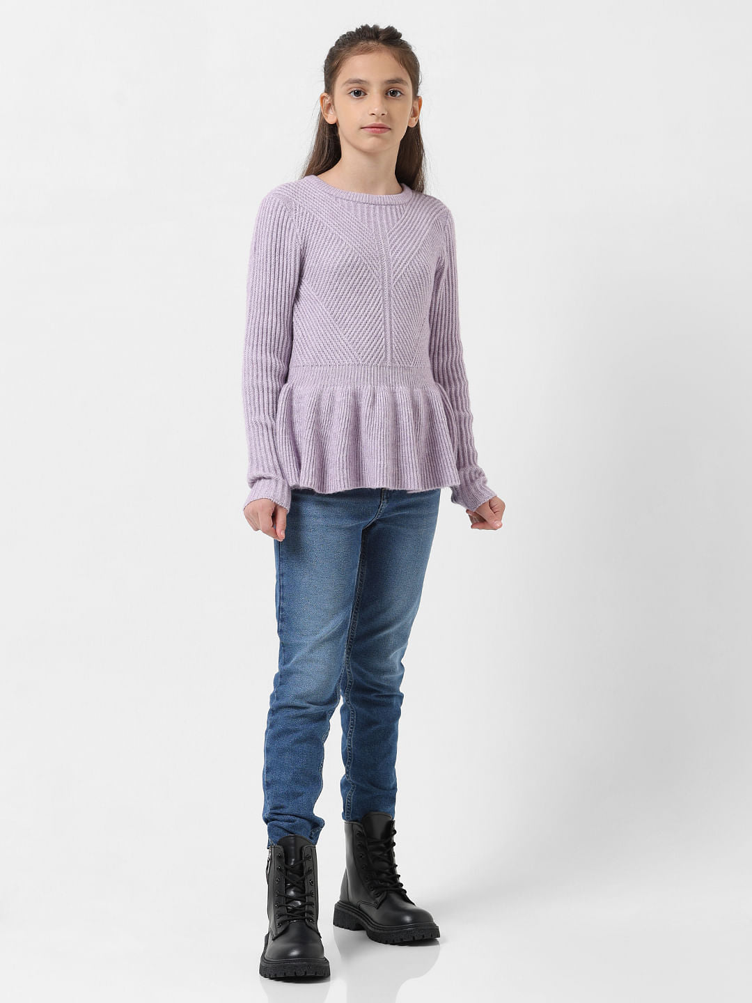 Girl Purple Ribbed Peplum Pullover