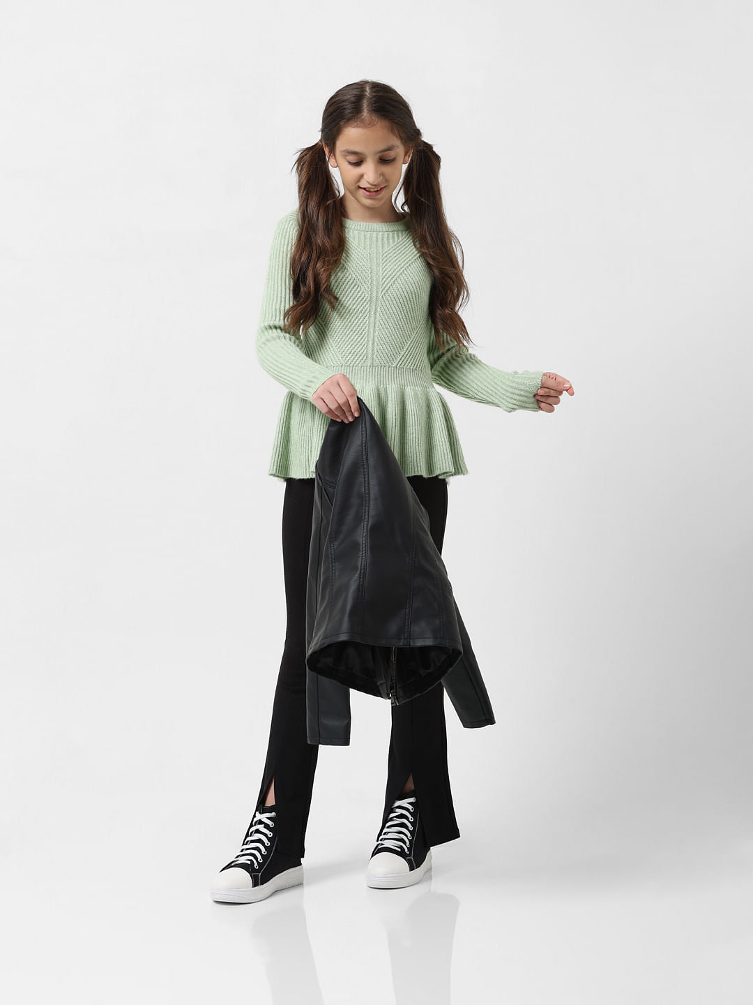 Girls Green Sleeveless Smocked Peplum Top With Cropped Pants Co-ord Sets