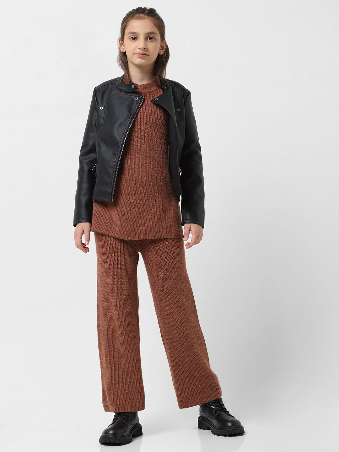 Girl Brown Mid Rise Ribbed Flared Pants
