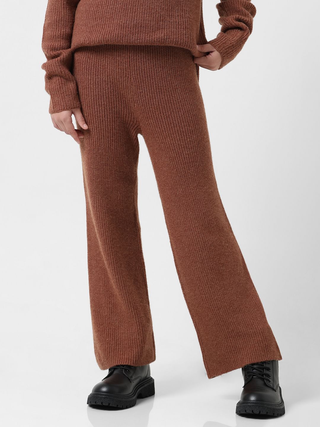 Girl Brown Mid Rise Ribbed Flared Pants