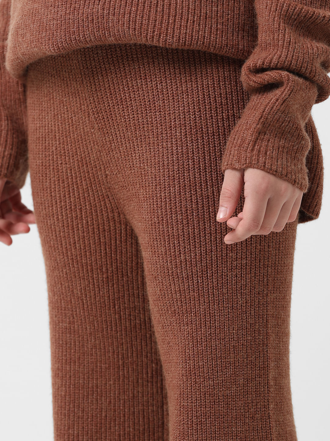 Girl Brown Mid Rise Ribbed Flared Pants