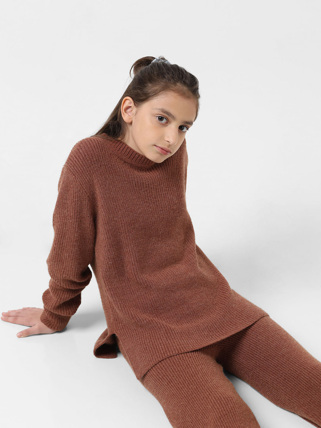 Girl Brown Ribbed Loose Fit Pullover