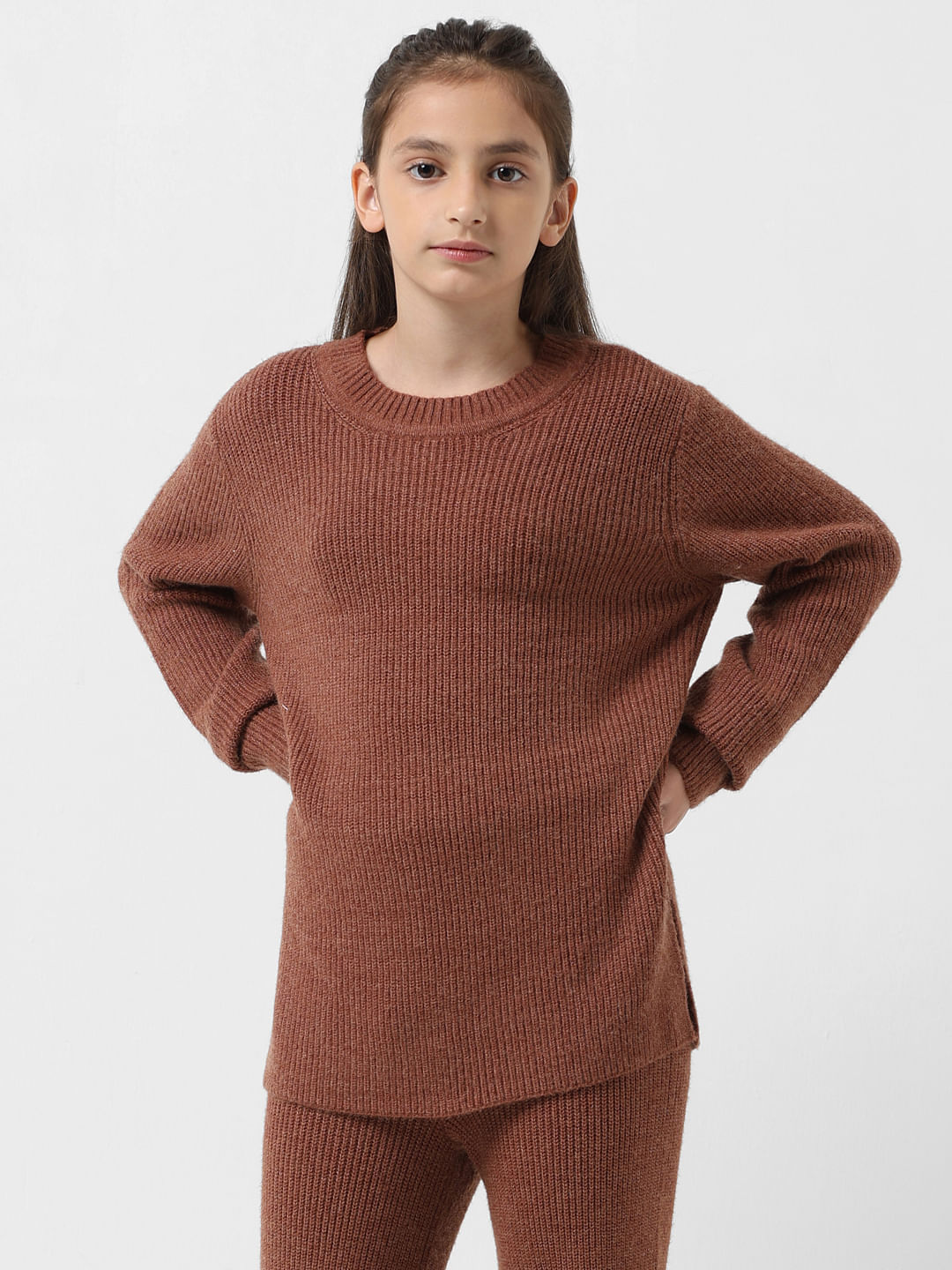 Girl Brown Ribbed Loose Fit Pullover