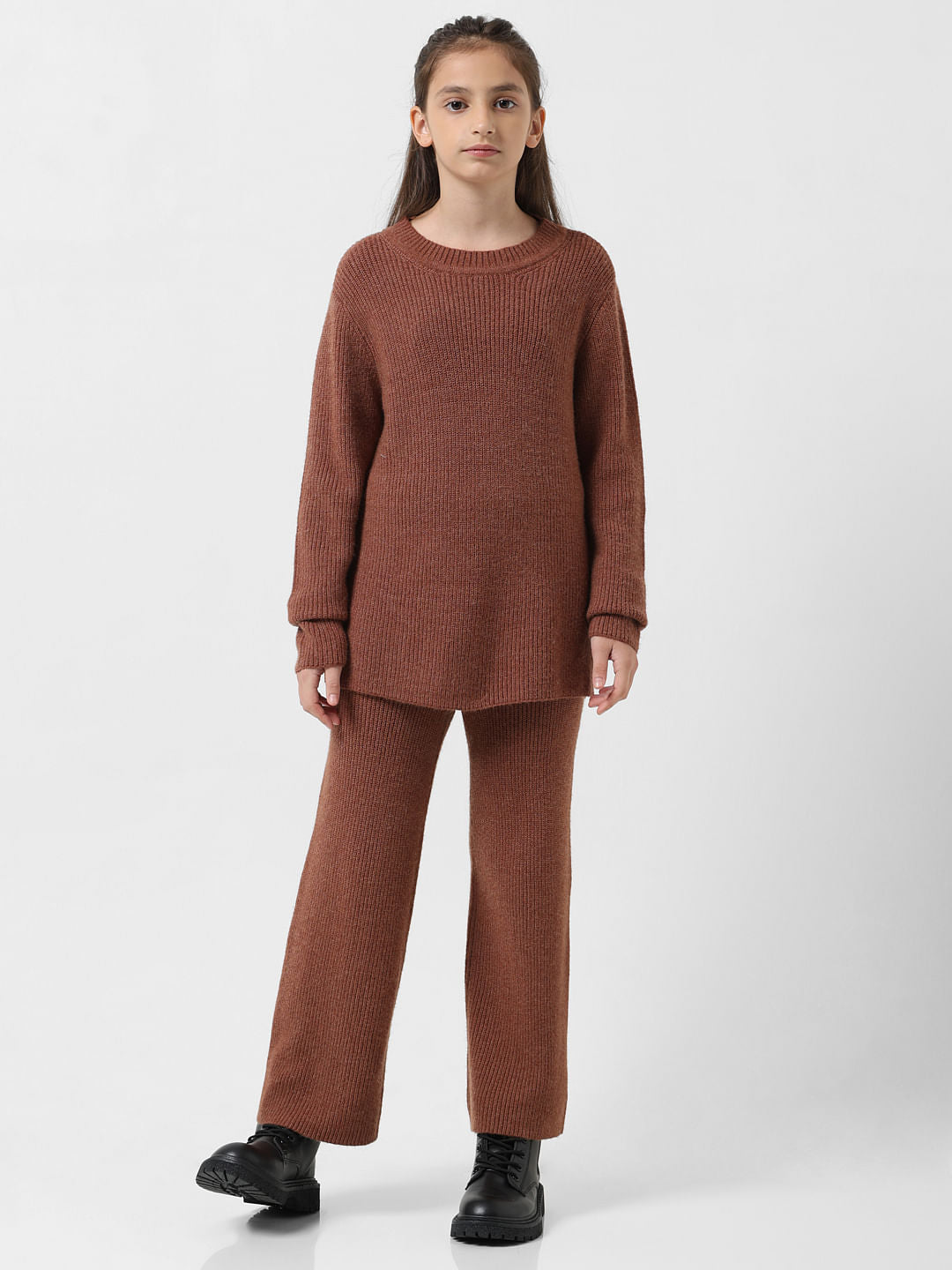Girl Brown Ribbed Loose Fit Pullover