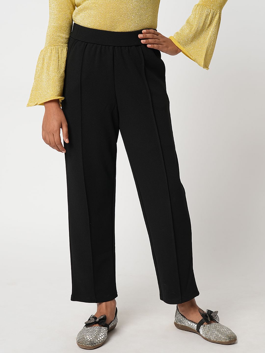 Girl Black Mid Rise Pintuck Pants