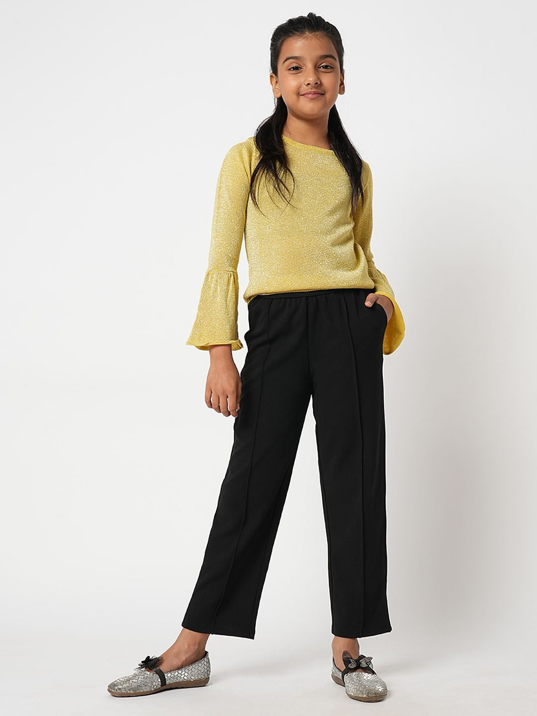 Girl Black Mid Rise Pintuck Pants