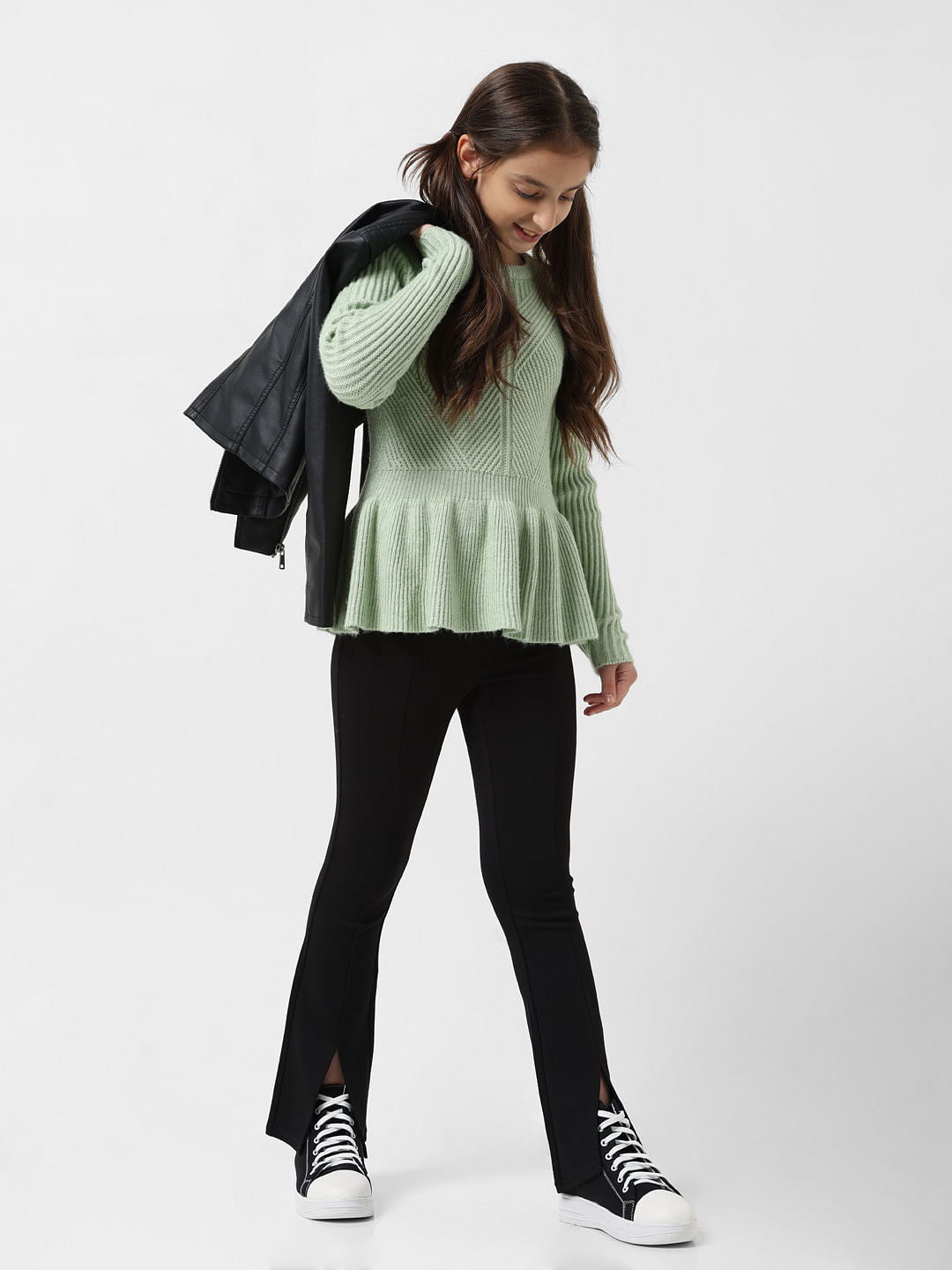 Girl Black Mid Rise Slit Flared Pants