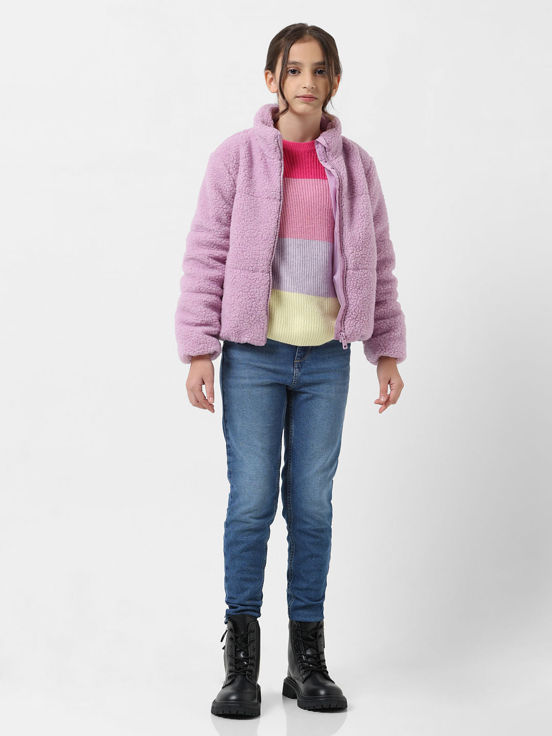 Girl Purple High-Neck Teddy Jacket