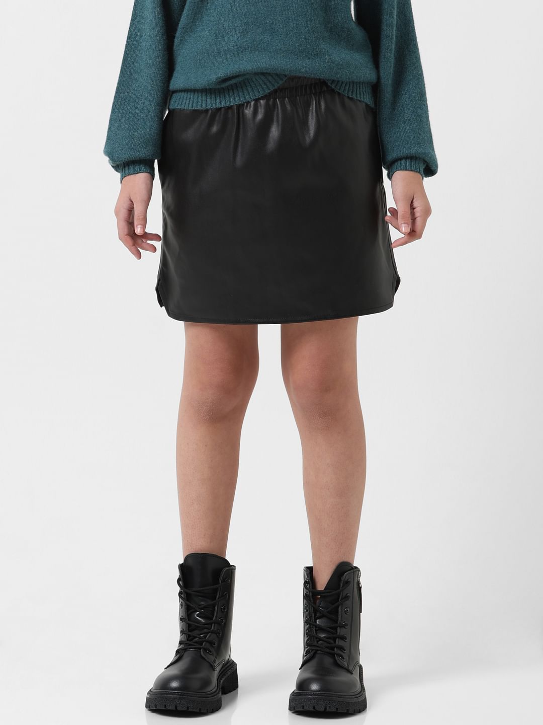 Girl Black Mid Rise Faux Leather Pull-Up Skirt
