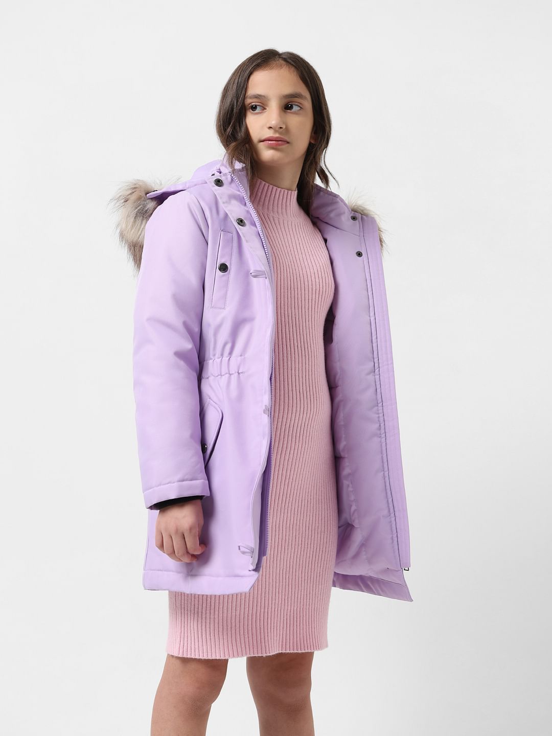 Girl Purple Faux Fur Hooded Parka Jacket