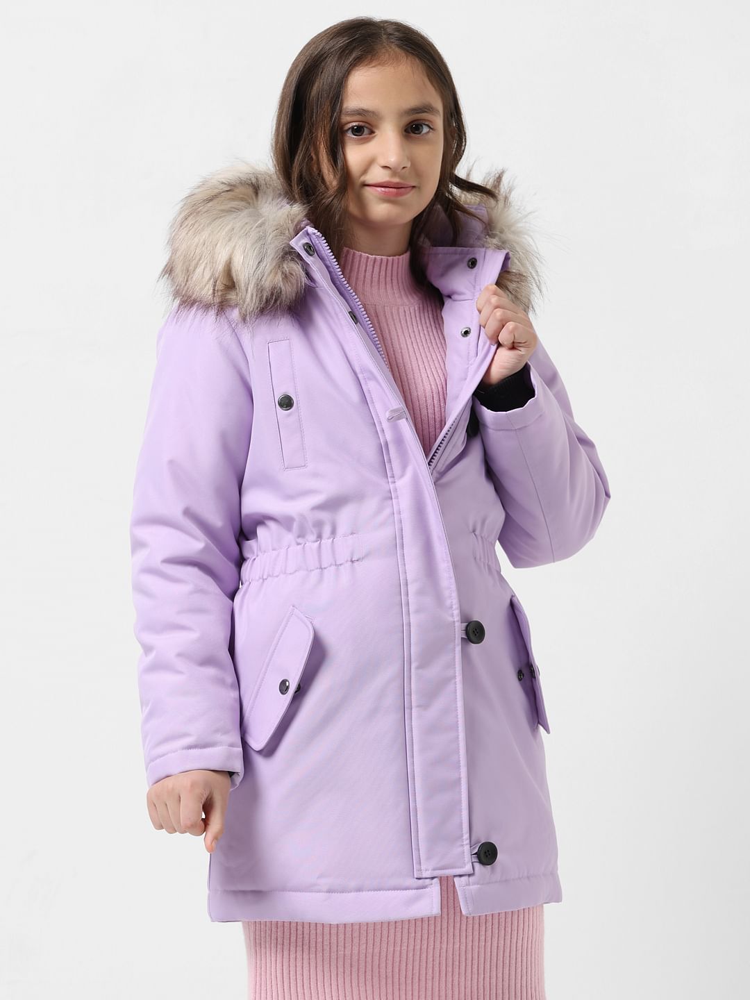 Girl Purple Faux Fur Hooded Parka Jacket
