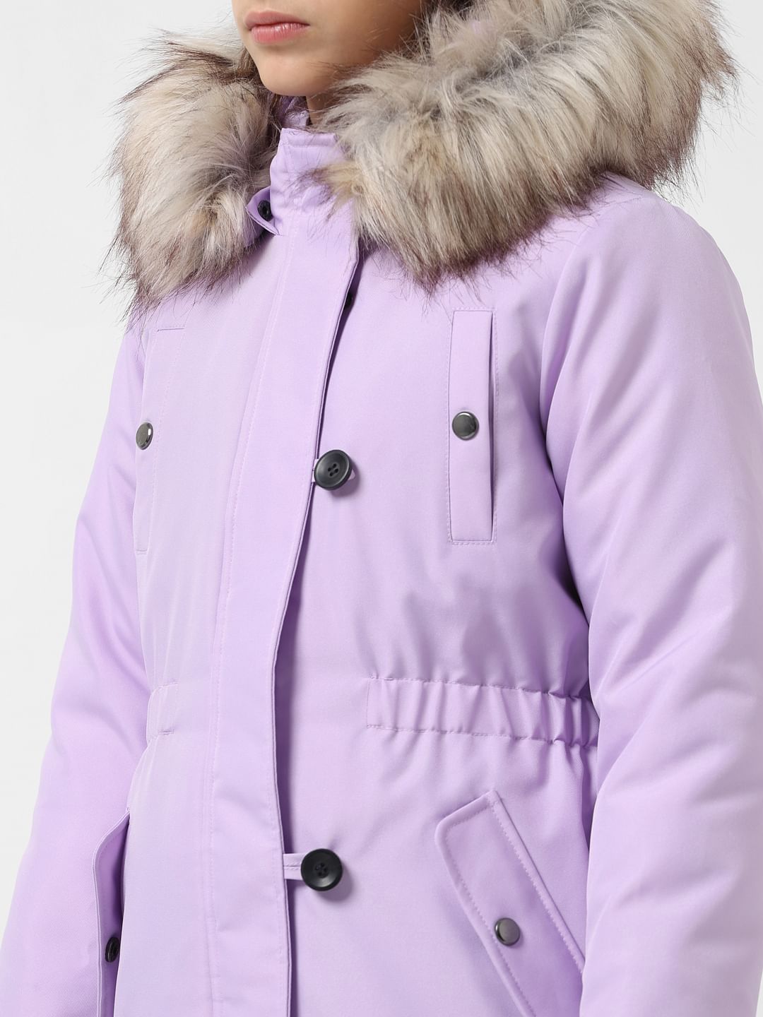 Girl Purple Faux Fur Hooded Parka Jacket