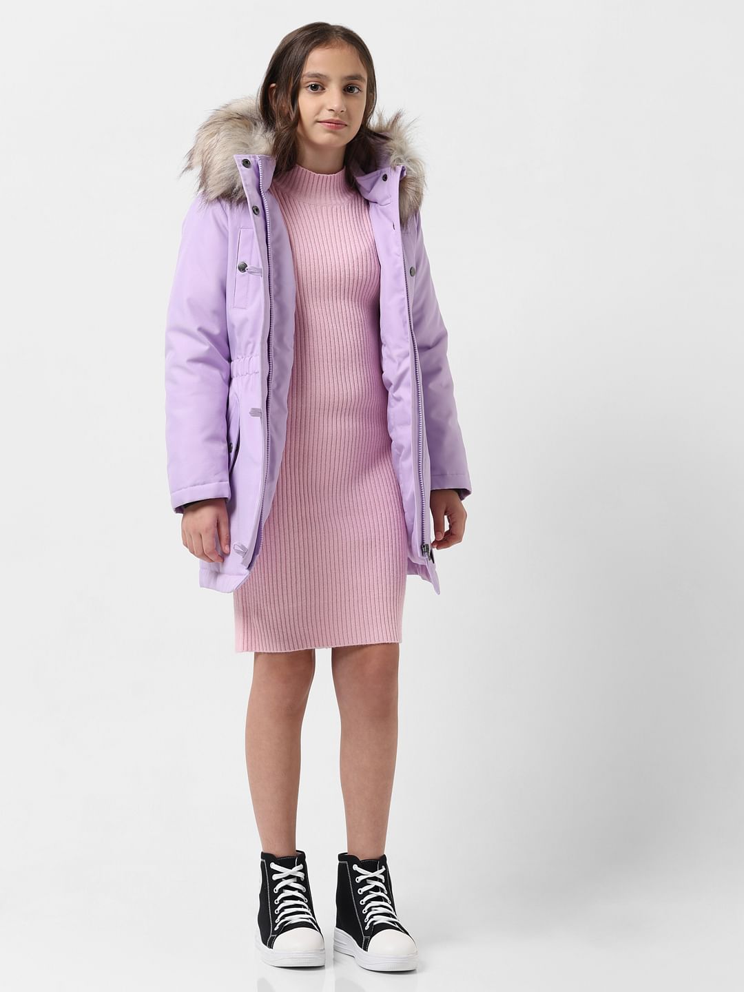 Girl Purple Faux Fur Hooded Parka Jacket