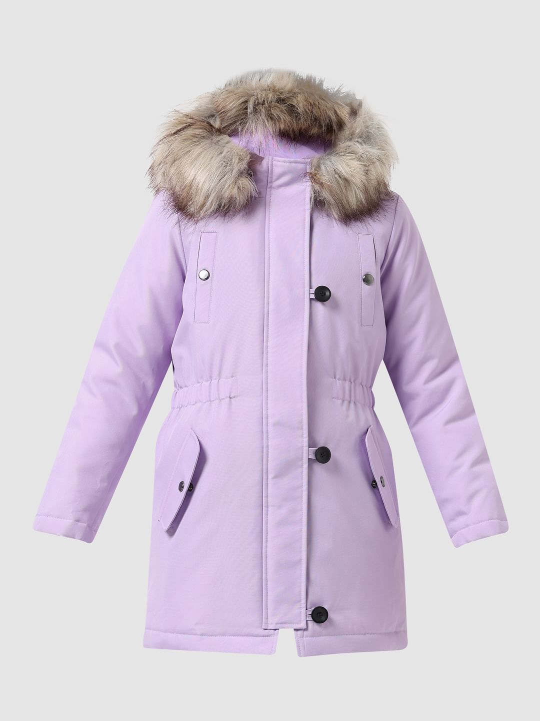 Girl Purple Faux Fur Hooded Parka Jacket