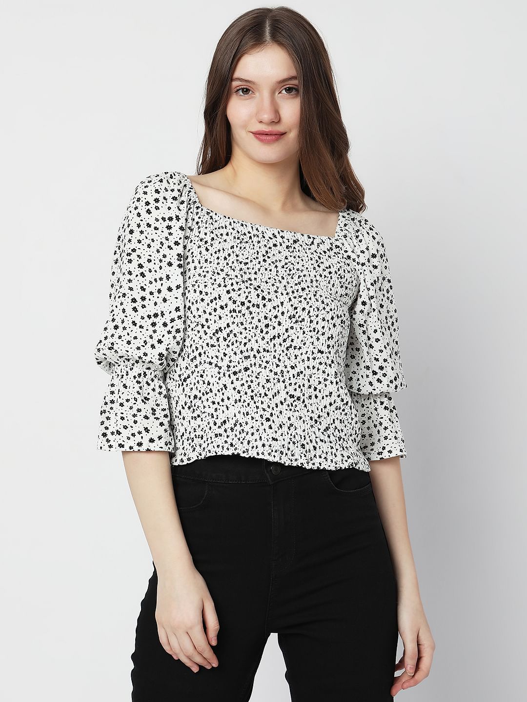 White Floral Smocked Top