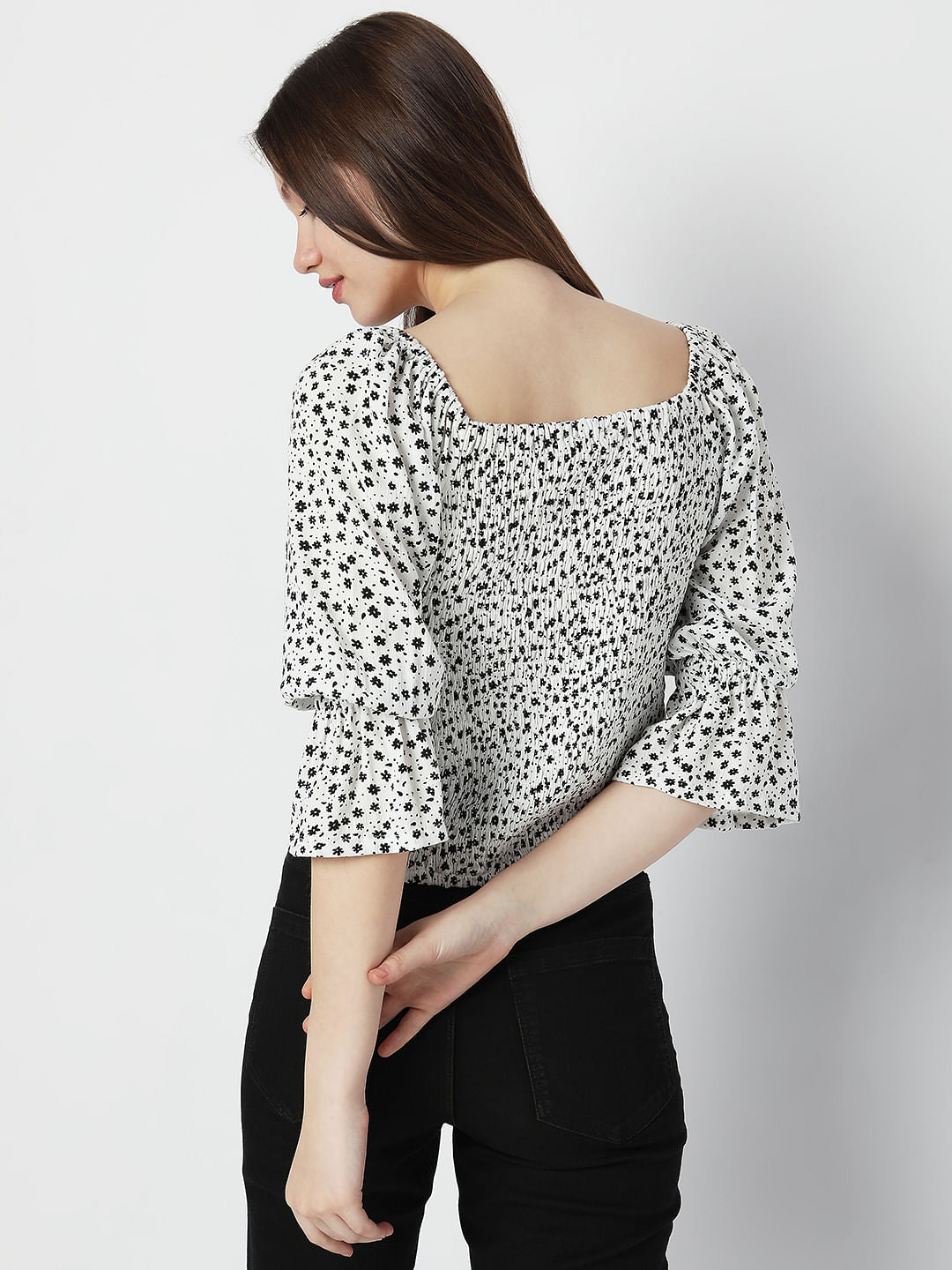 White Floral Smocked Top