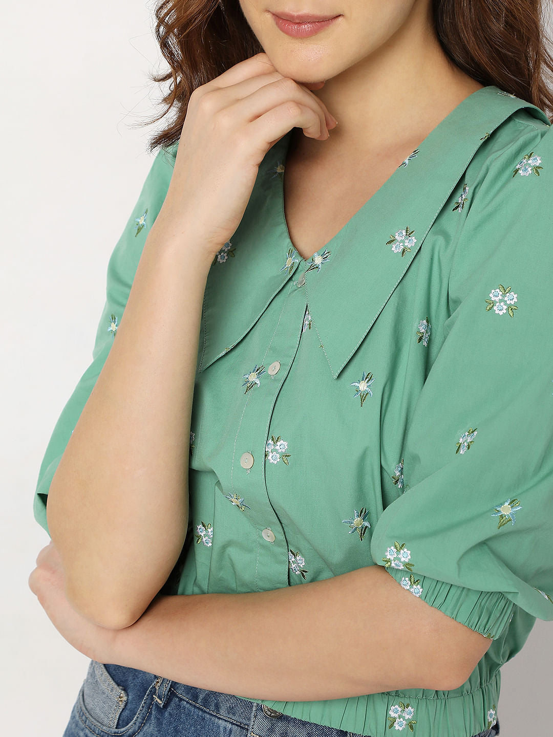 Green Cropped Floral Top