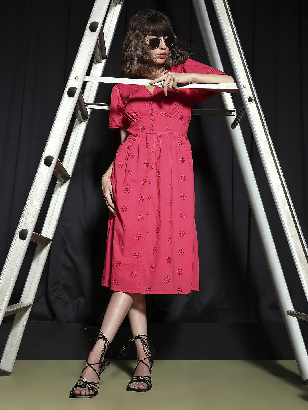 Dark Pink Floral Schiffli Print Dress