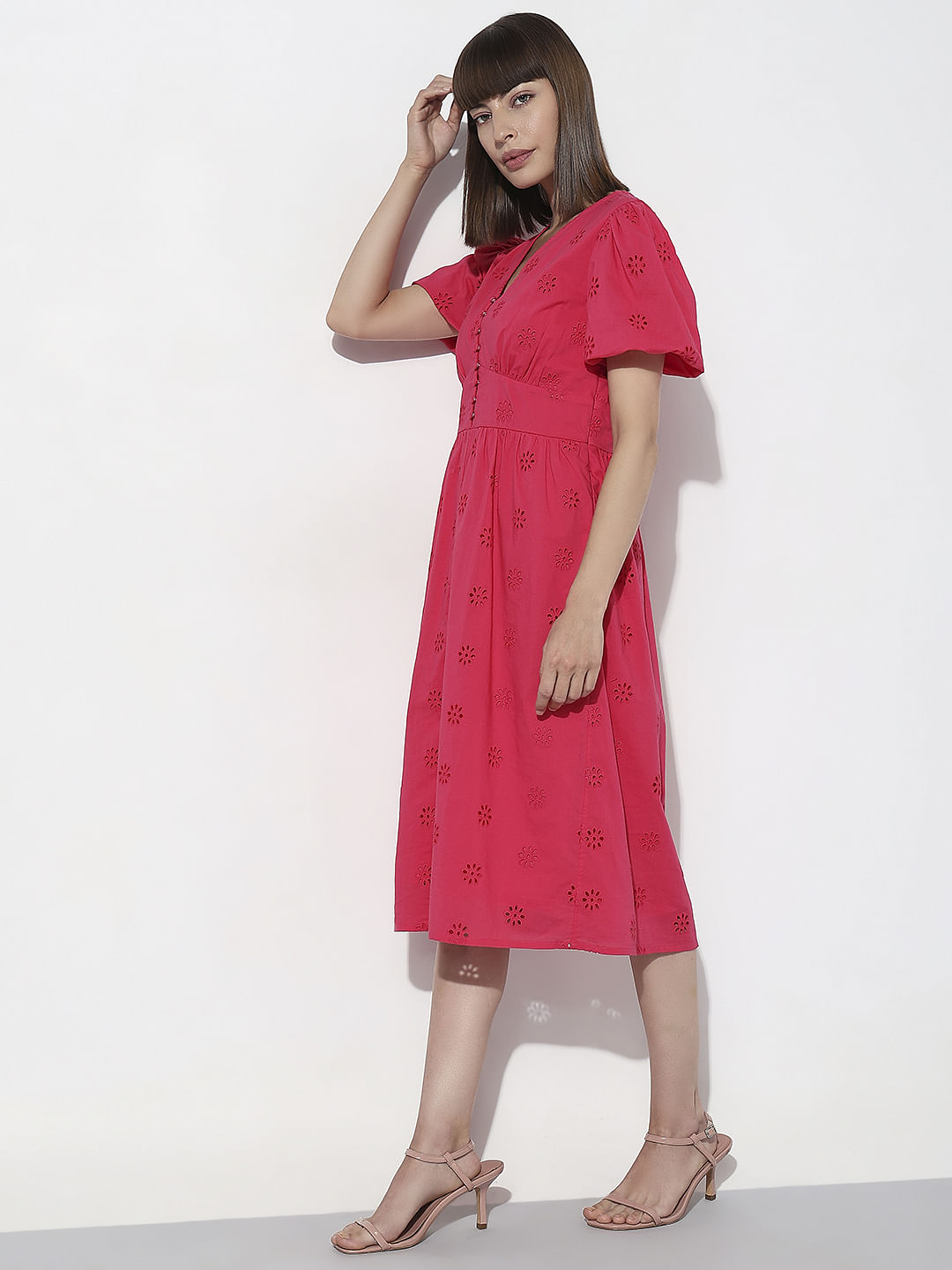 Dark Pink Floral Schiffli Print Dress