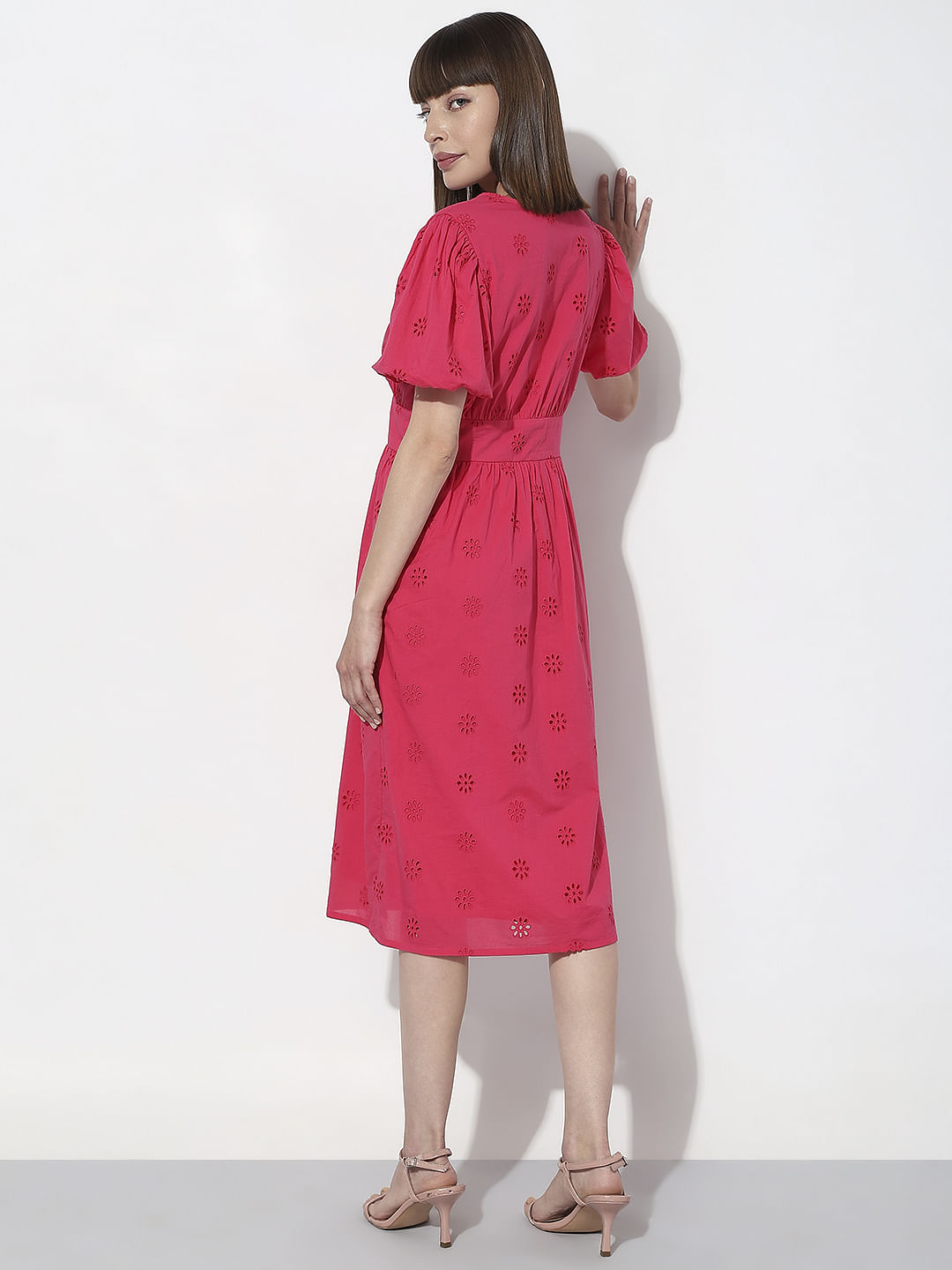 Dark Pink Floral Schiffli Print Dress