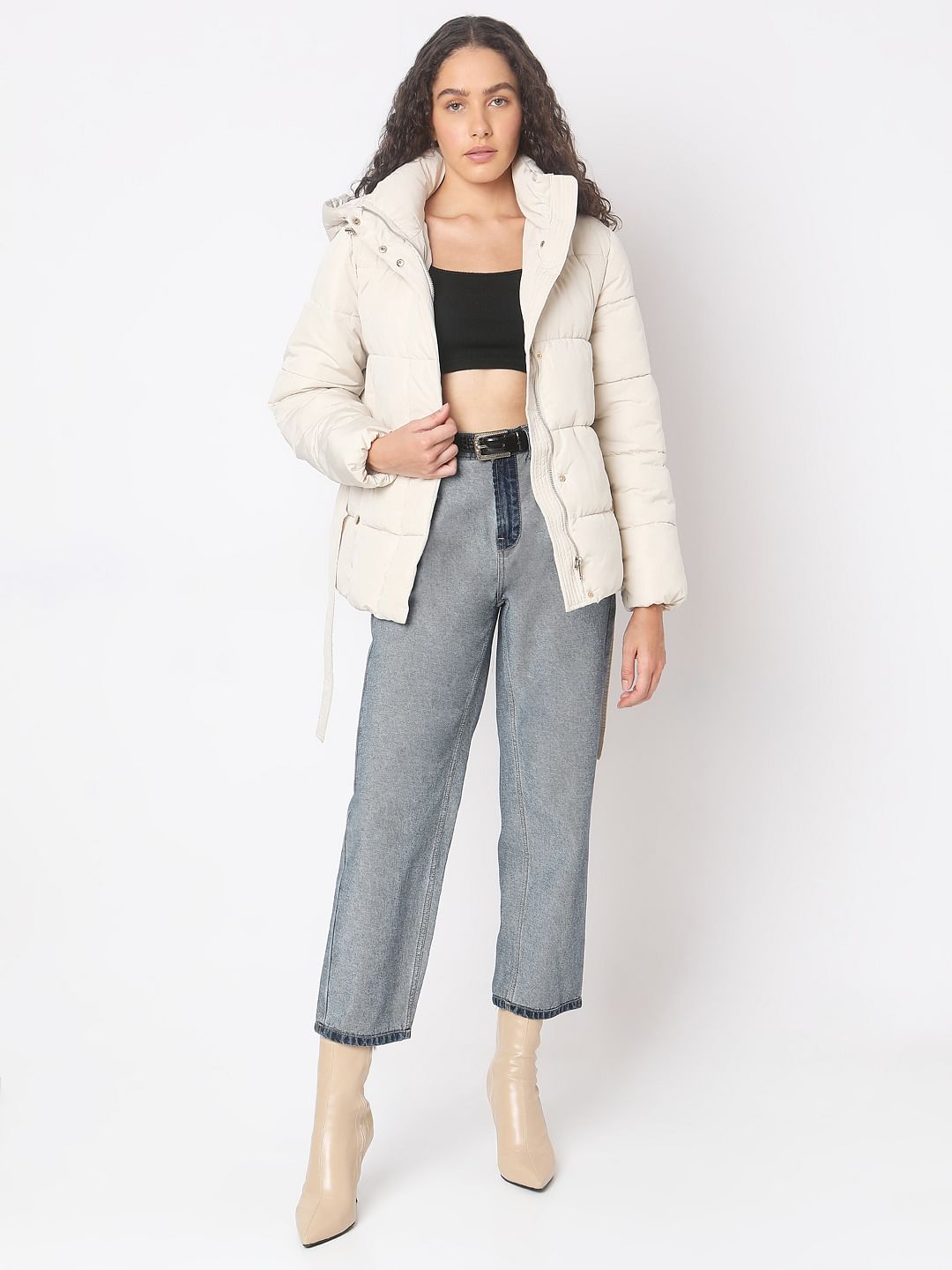 Beige Hooded Puffer Jacket