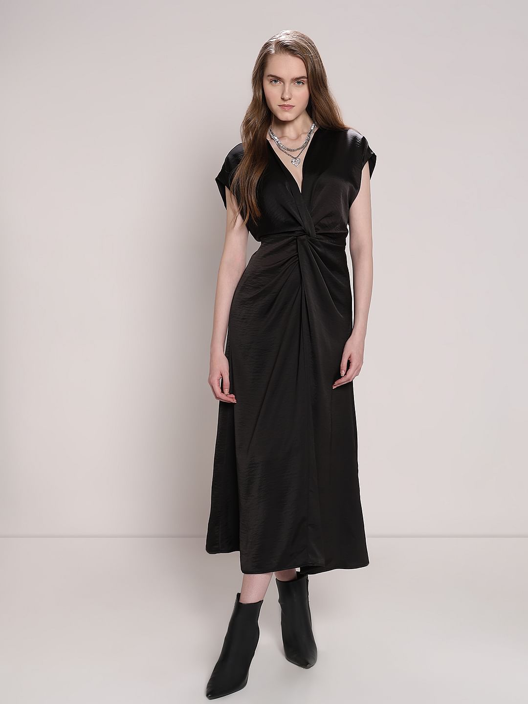 front knot midi dress Black Front Knot Midi Dress