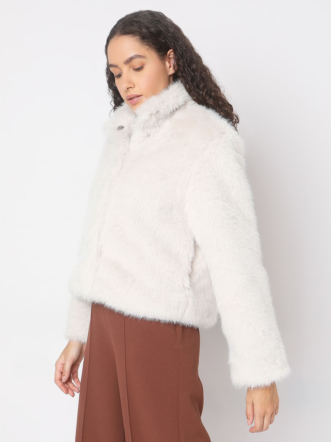 Beige Furry Hooded Short Jacket
