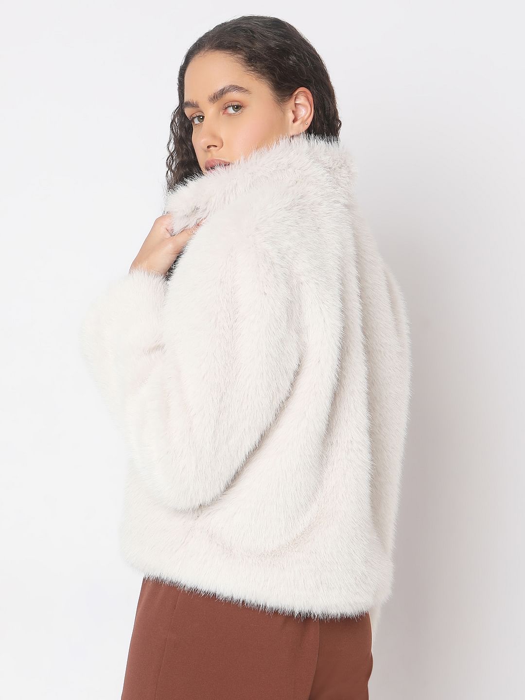 Beige Furry Hooded Short Jacket