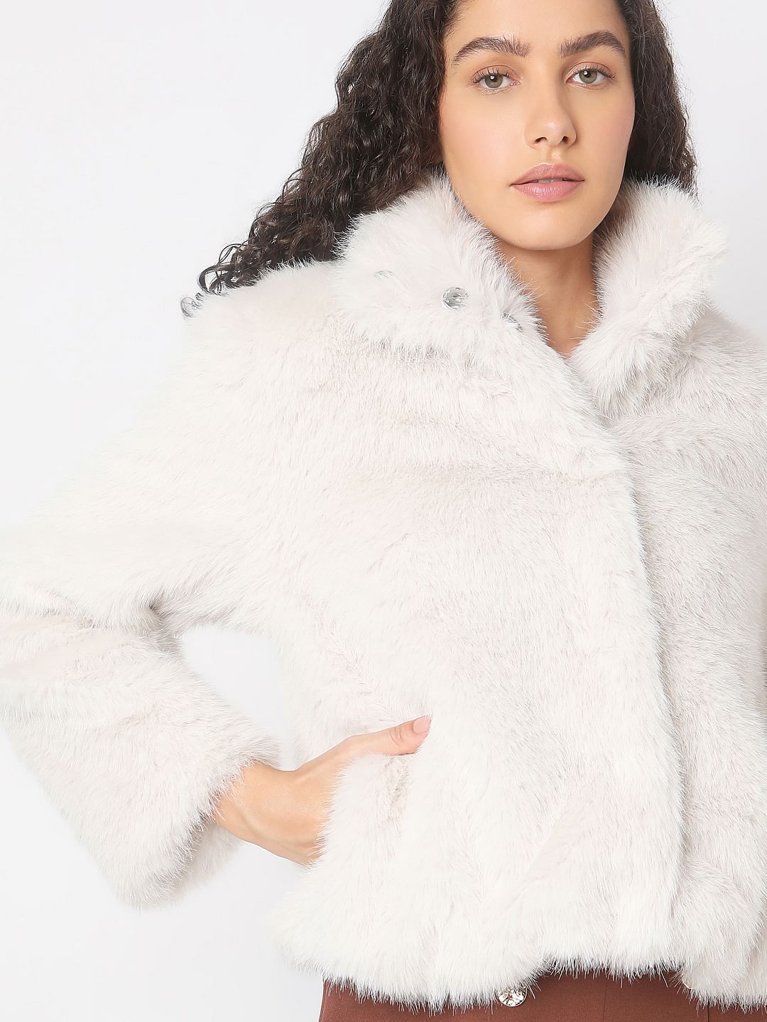 Beige Furry Hooded Short Jacket