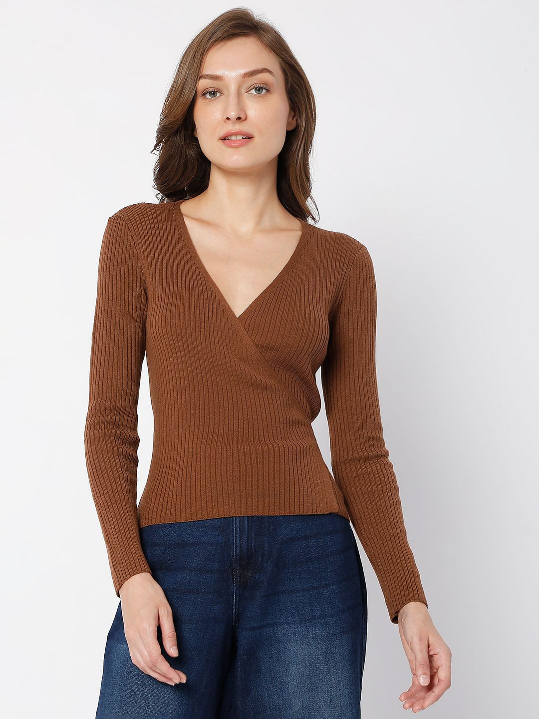Brown Ribbed Wrap Top
