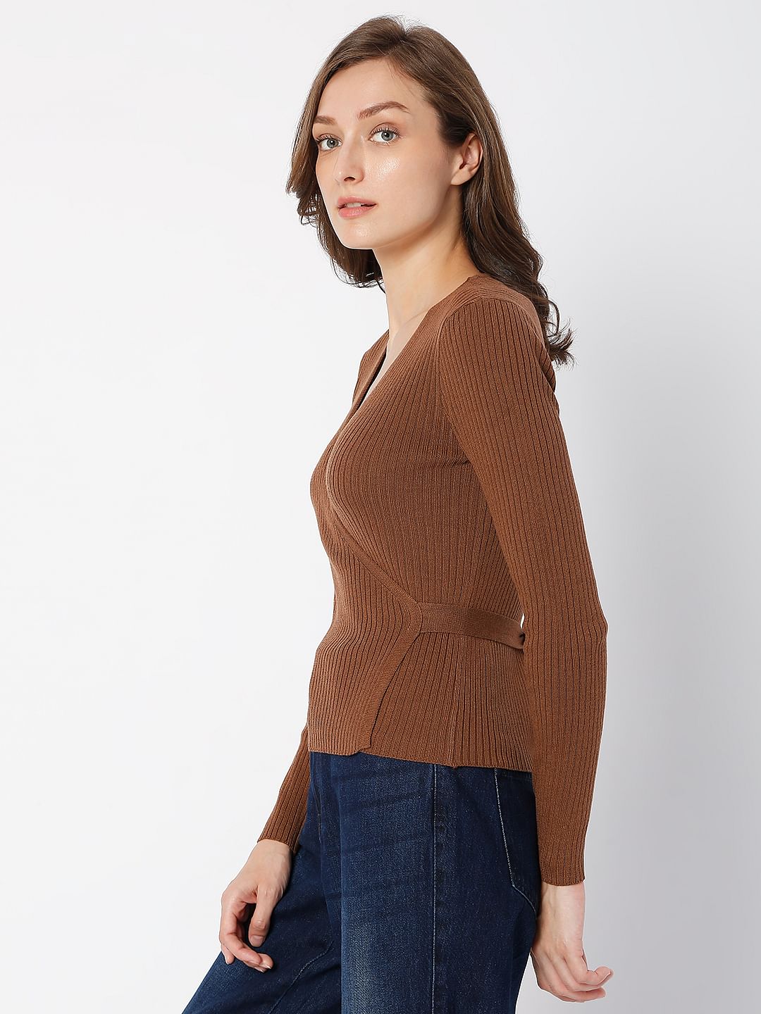 Brown Ribbed Wrap Top