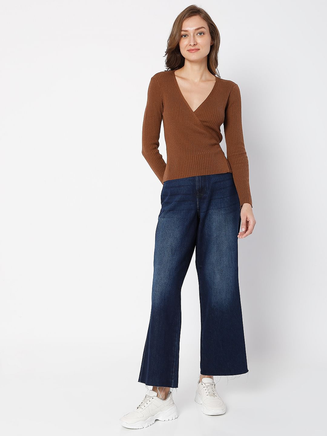 Brown Ribbed Wrap Top