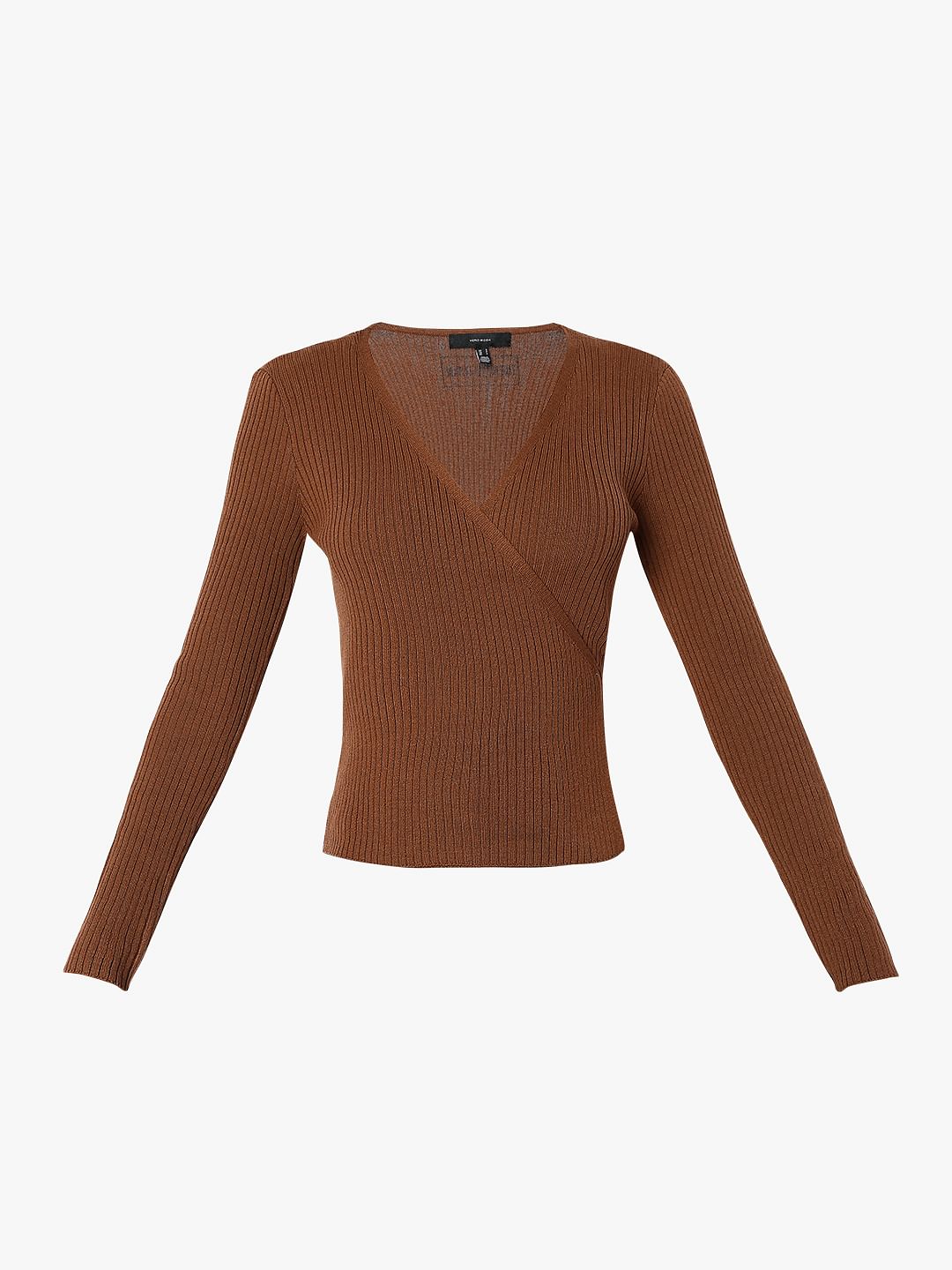 Brown Ribbed Wrap Top