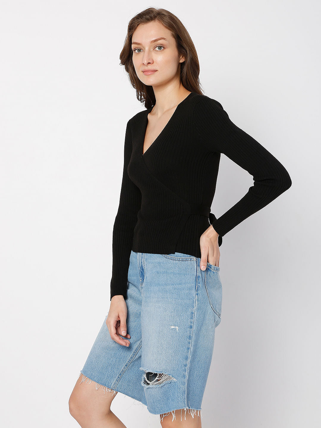 Black Ribbed Wrap Top