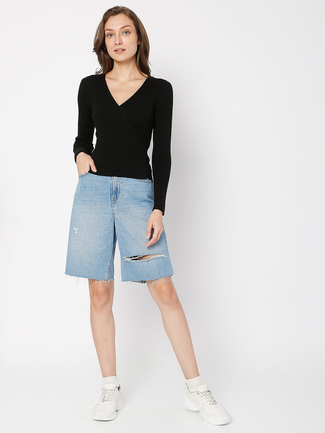 Black Ribbed Wrap Top