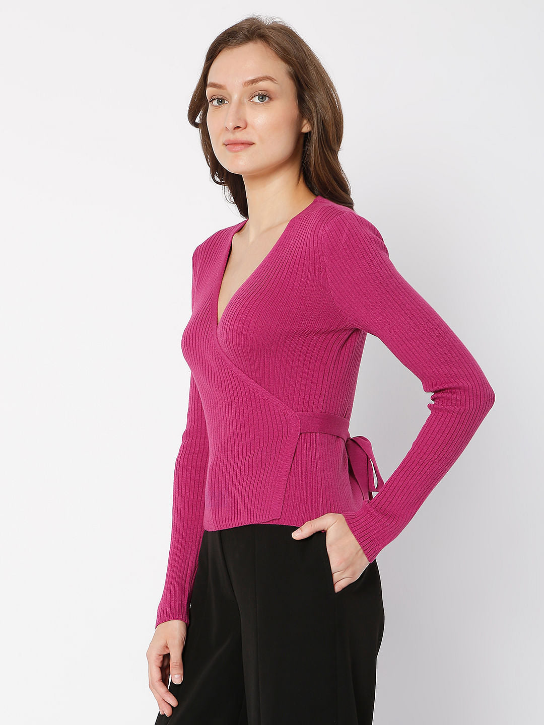 Pink Ribbed Wrap Top