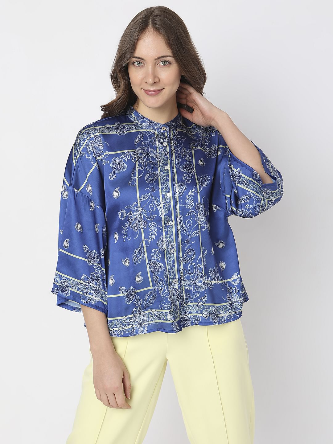 Blue Floral Mandarin Collar Shirt