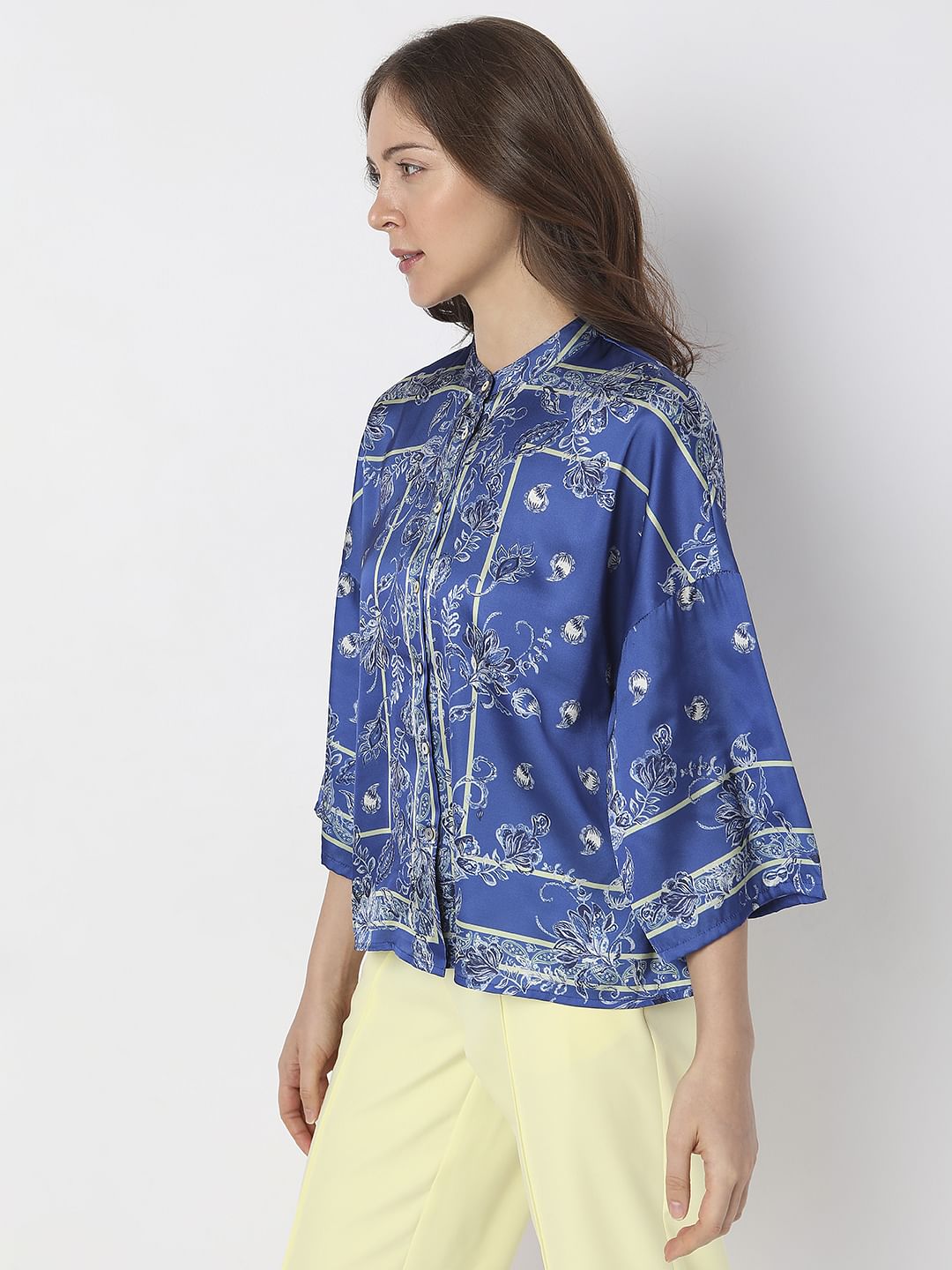 Blue Floral Mandarin Collar Shirt