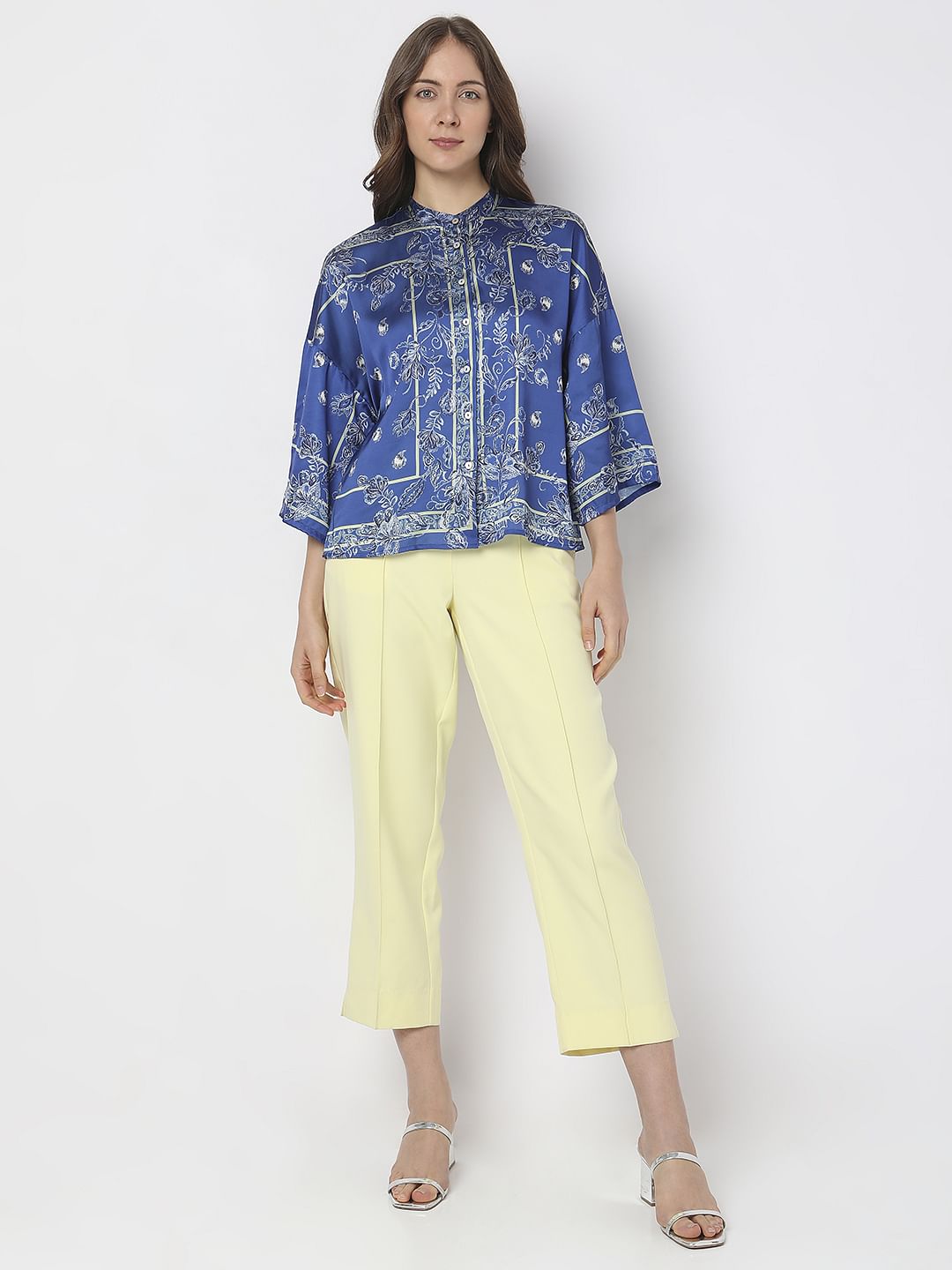 Blue Floral Mandarin Collar Shirt