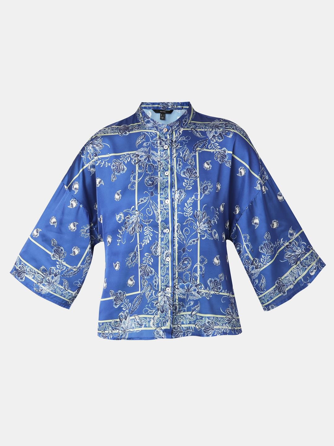Blue Floral Mandarin Collar Shirt