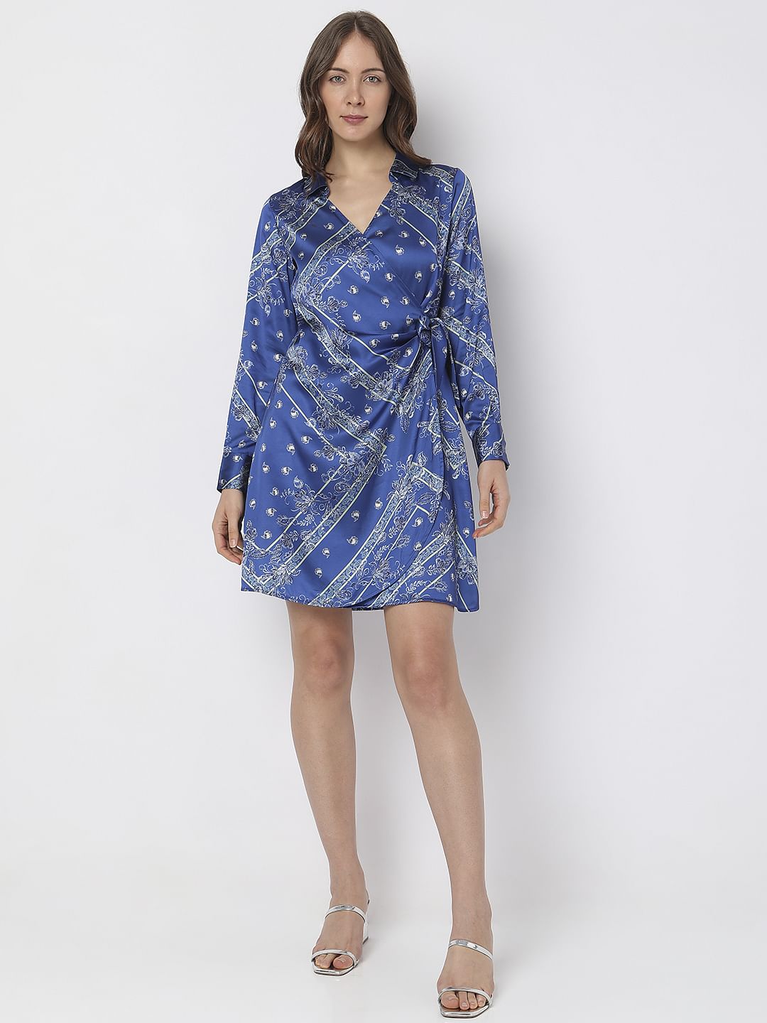 Blue Printed Wrap Dress
