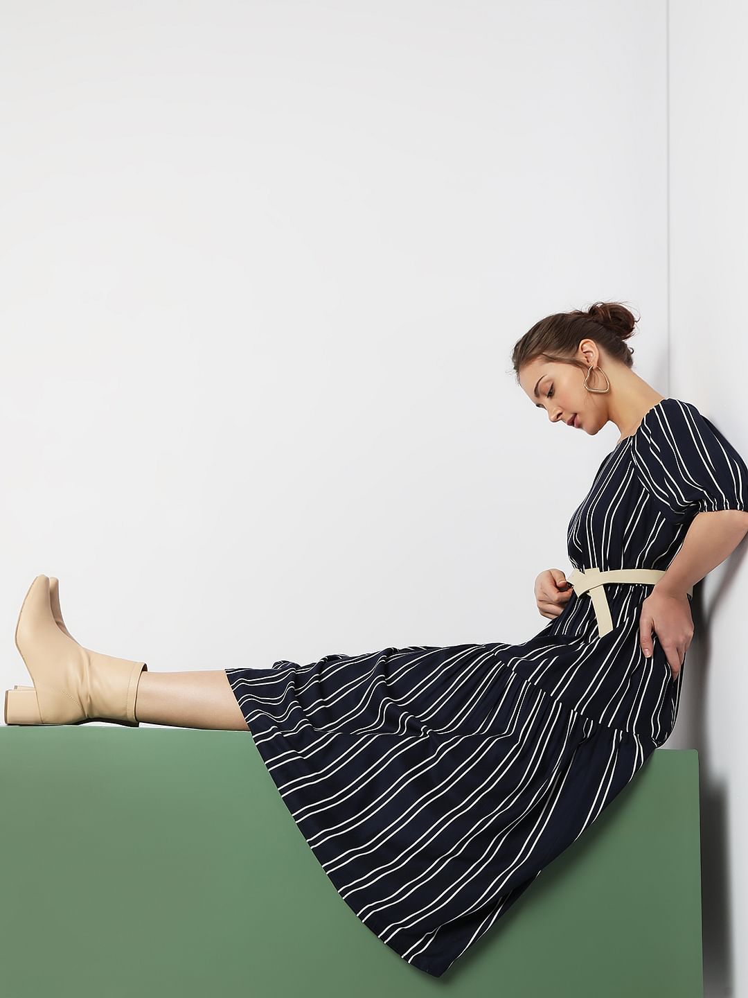 Navy Blue Striped Midi Dress