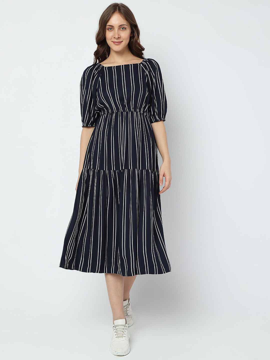 Navy Blue Striped Midi Dress