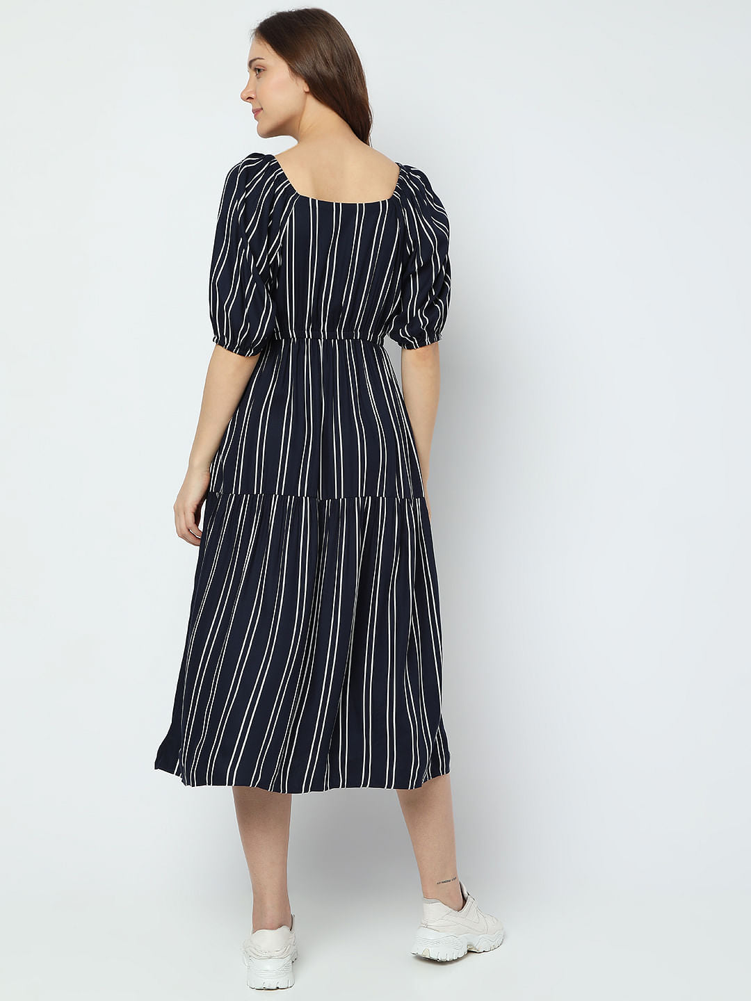Navy Blue Striped Midi Dress