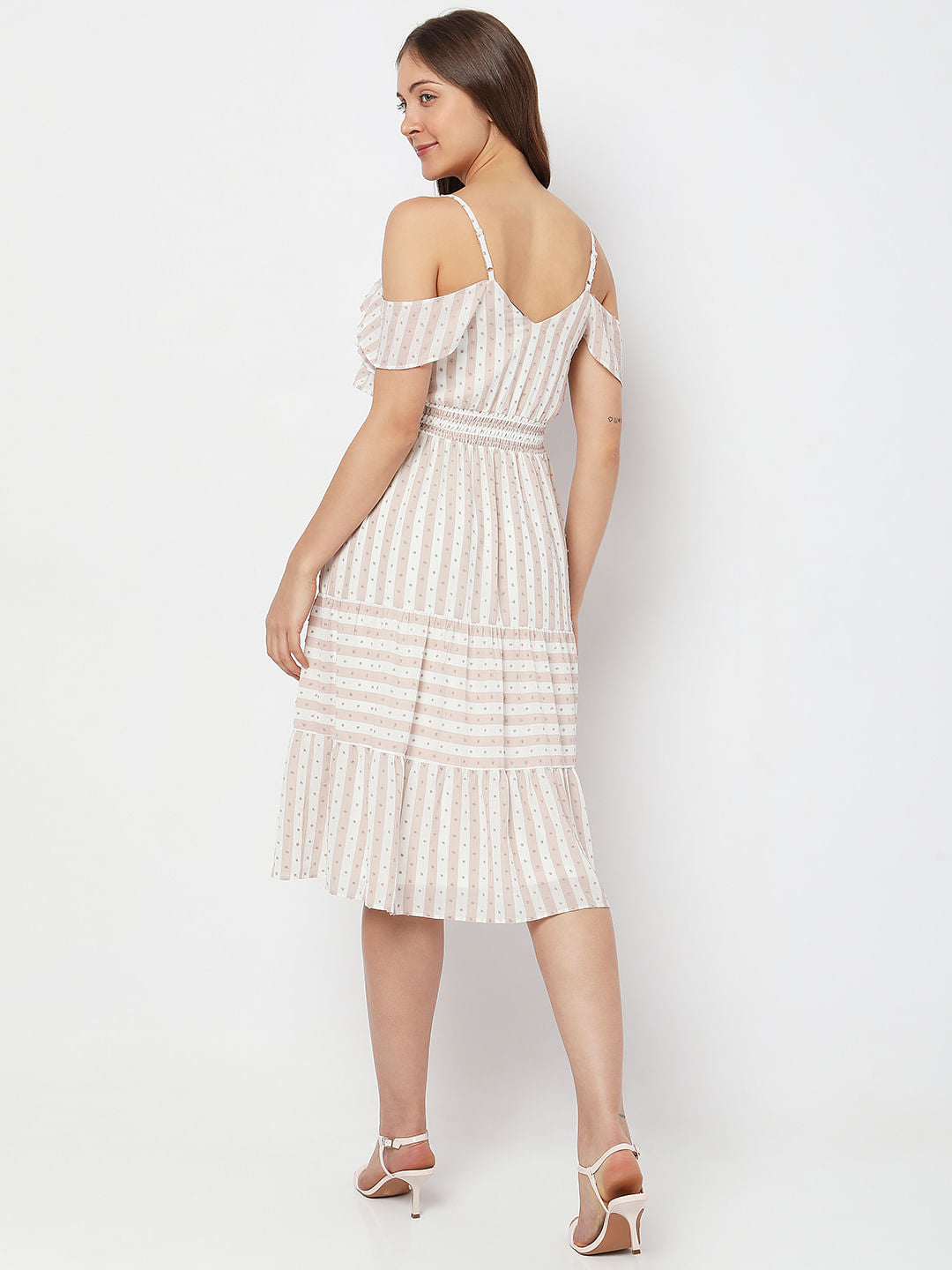 Beige Printed Cold-Shoulder Midi Dress