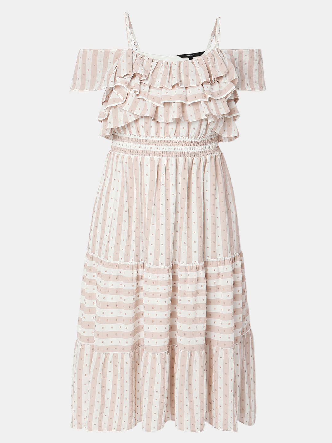 Beige Printed Cold-Shoulder Midi Dress