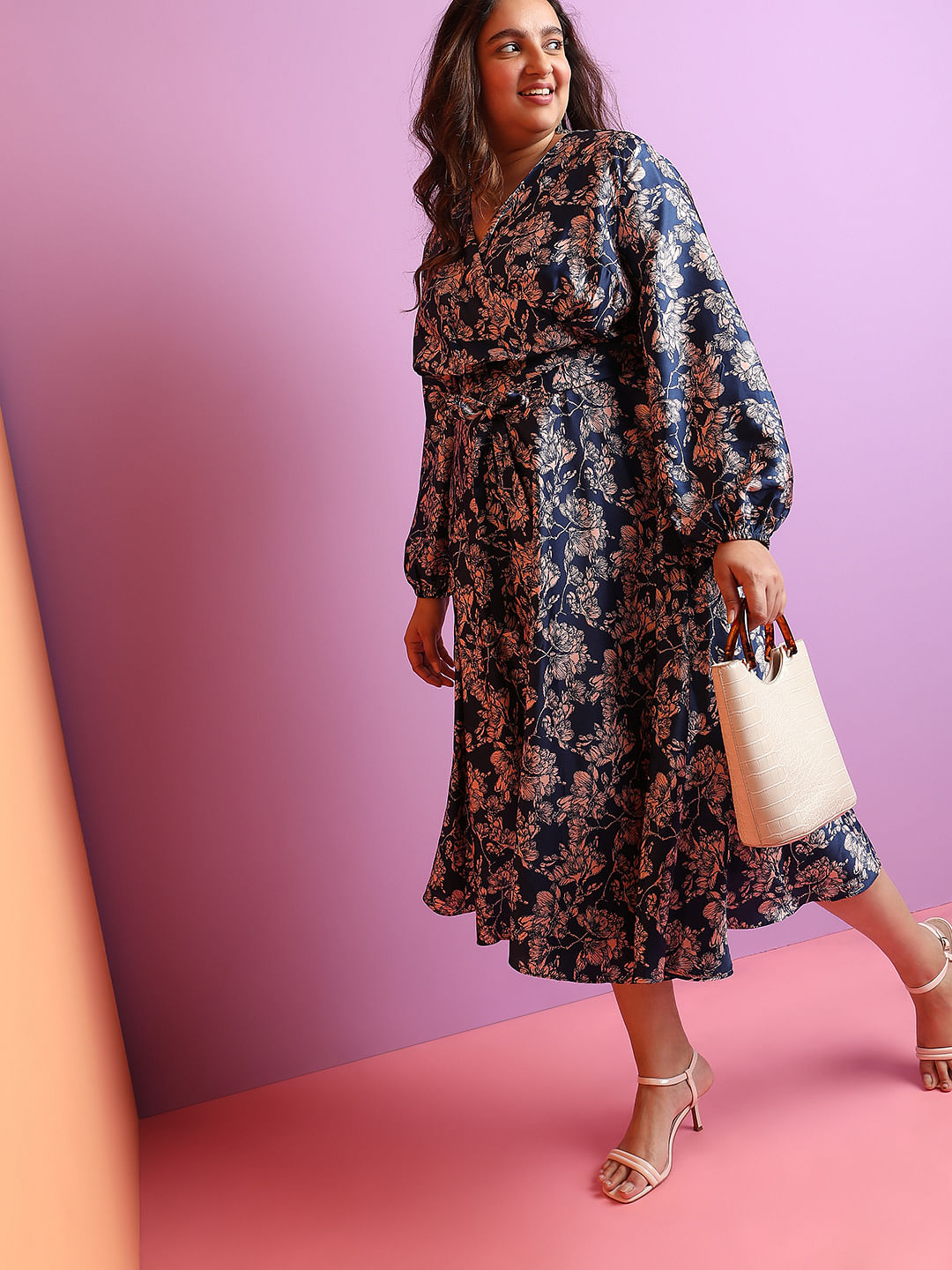 Curve Blue Floral Print Midi Dress